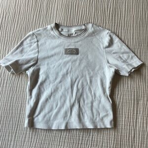 Lorna Jane White Cropped Tee with Taupe Patch Logo